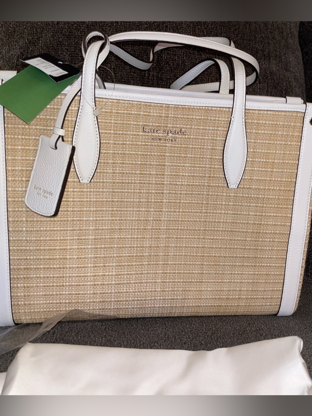 Kate spade Natural Straw Tote with White Leather Trim NWTs sold out Dust bag ♠️